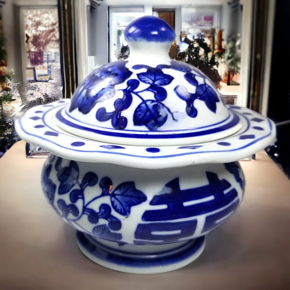 Double Happiness Chinese Ginger Jar Blue & White Classic Lidded Porcelain - Picture 13 of 14